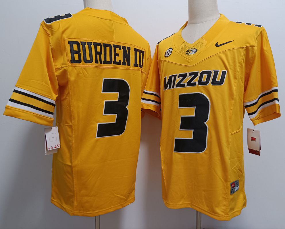 Men Missouri tiger #3 Burden iii Yellow Nike 2025 NCAA Jersey->more ncaa teams->NCAA Jersey